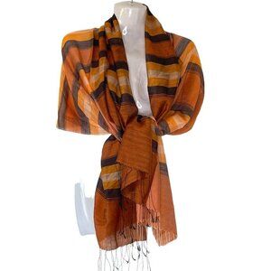 H & K Como Italy Silk Scarf Earth Tones Rust, Coral, Brown with Eyelash Fringe